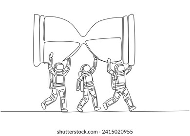 Continuous one line drawing a group of astronauts work together to carrying an hourglass. Classic. Vintage. A reminder of an impending deadline. Spaceman. Single line draw design vector illustration