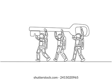 Continuous one line drawing group of astronauts work together carrying the key. Offer the best solution. Key to success. Cosmonaut outer space. Expedition. Single line draw design vector illustration