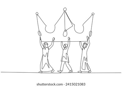 Continuous one line drawing a group of Arab businessmen and Arab businesswomen work together carrying crown. Work hard together. Expand the business empire. Single line draw design vector illustration