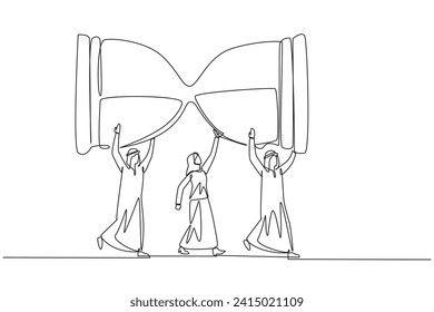 Continuous one line drawing a group of Arab businessmen and Arab businesswomen work together to carrying an hourglass. A reminder. Countdown. Classic. Single line draw design vector illustration