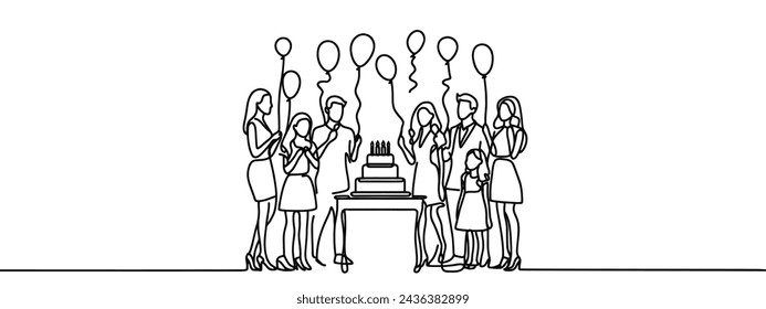 Continuous one line drawing of Group of happy boys and girls at celebratory party. Joyful friends celebrating together vector illustration.