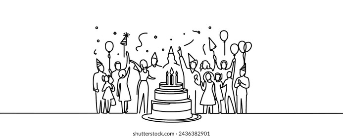 Dibujo continuo de una línea del grupo de niños y niñas felices en la fiesta de celebración. Alegres amigos celebrando juntos ilustración vectorial.
