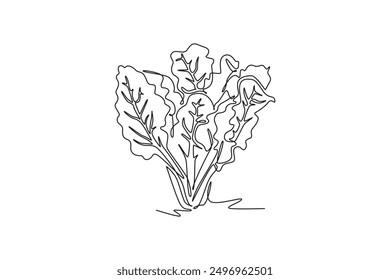 Continuous one line drawing group pile of healthy organic swiss chard for farm logo identity. Fresh leafy spinach beet concept for vegetable icon. Single line draw design vector graphic illustration