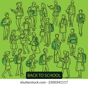continuous one line drawing for a Group of students carrying back bags and heading back to school editable stroke width 