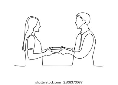 Continuous one line drawing group of men and women make friends while giving gifts. Female together. Happy friendship day with family and diserve people. Friendship minimalist concept. Single line dra
