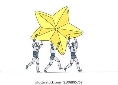Continuous one line drawing group of robots work together carrying star. Achieve dreams together. Gets the best rating. Technology artificial intelligence. Single line draw design vector illustration