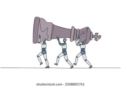 Un grupo continuo de robots que dibujan una línea trabajan juntos llevando las piezas de ajedrez del rey. La inteligencia artificial es capaz de diseñar estrategias. Tecnología. Ilustración vectorial de diseño de dibujo de línea única