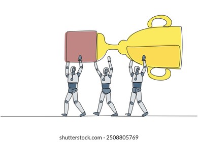 Un grupo continuo de robots que dibujan una línea trabajan juntos llevando el trofeo. La inteligencia artificial ve oportunidades para ganar. Concepto de tecnología del futuro. Ilustración vectorial de diseño de dibujo de línea única