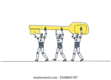 Continuous one line drawing group of robots work together carrying the key. Artificial intelligence is able to find out the password to open access. Tech. Single line draw design vector illustration