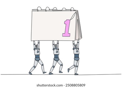 Continuous one line drawing a group of robots work together carrying a desk calendar. Able to manage schedule. Perfect artificial intelligence. Technology. Single line draw design vector illustration