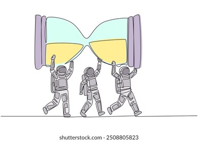 Continuous one line drawing a group of astronauts work together to carrying an hourglass. Classic. Vintage. A reminder of an impending deadline. Spaceman. Single line draw design vector illustration