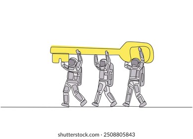 Continuous one line drawing group of astronauts work together carrying the key. Offer the best solution. Key to success. Cosmonaut outer space. Expedition. Single line draw design vector illustration