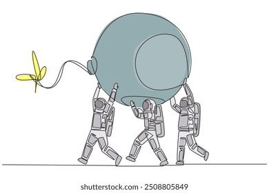Un grupo continuo de astronautas que dibujan una línea trabajan juntos llevando una gran bomba con el fusible encendido. Amenaza. Perturbación. Deshazte de él. Para una expedición espacial. Ilustración vectorial de diseño de dibujo de línea única