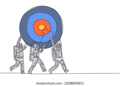 Continuous one line drawing group of astronauts work together carrying arrow target board. Focus on achieving successful space expedition mission. Spaceman. Single line draw design vector illustration