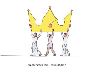 Uma linha contínua desenhando um grupo de empresários árabes e empresárias árabes trabalham juntos carregando a coroa. Trabalhem duro juntos. Expandir o império empresarial. Ilustração de vetor de design de desenho de linha única
