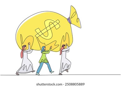 Continuous one line drawing a group of Arab businessmen and Arab businesswomen work together to carrying money bag. Great success. Get lots of benefits. Single line draw design vector illustration
