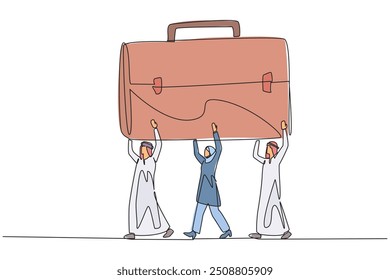 Continuous one line drawing group of Arab businessmen and Arab businesswomen work together carrying briefcase. Work hard together. Going on a business trip. Single line draw design vector illustration