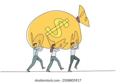 Continuous one line drawing a group of businessmen and businesswomen work together to carrying money bag. Big profits are shared equally. Fair. Encourager. Single line draw design vector illustration