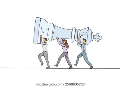 Continuous one line drawing a group of businessmen and businesswomen work together carrying the king's chess pieces. Excellent support for business success. Single line draw design vector illustration