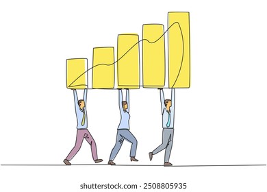 Continuous one line drawing a group of businessmen and businesswomen work together carrying a graphic chart. Profits continue to increase. Exceed target. Single line draw design vector illustration