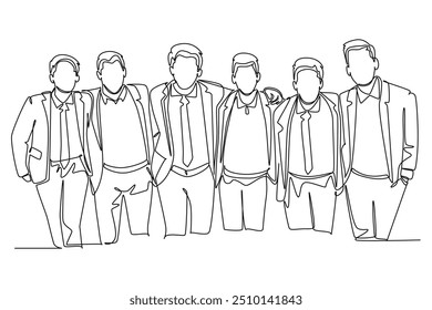 Continuous one line drawing group of happy young men hugging. Male together. Happy friendship day with diverse friends of people hugging together. Single line draw design vector graphic illustration