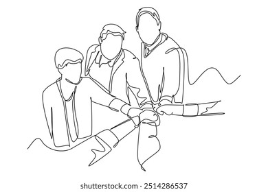 Un grupo de dibujo continuo de una línea de hombres y mujeres de negocios jóvenes y felices unen sus manos para formar un círculo. Unidad de trabajo en equipo. Ilustración gráfica de Vector de diseño de línea única