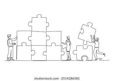 Continuous one line drawing group of young business people arrange puzzle pieces to build strong building. Collaboration business teamwork concept. Single line draw design vector graphic illustration