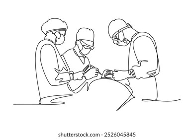 Continuous one line drawing group of team surgeon doctor doing surgery operation to the patient with critical condition. Operating surgery concept. Single line draw design vector graphic illustration