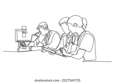 Los médicos de grupo de dibujo continuo de una línea analizan la muestra de sangre del paciente infectado utilizando un microscopio de laboratorio para encontrar la vacuna. Equipo de investigación médica. Ilustración gráfica de Vector de diseño de línea única
