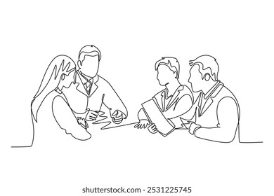 Continuous one line drawing group of doctor diagnosing illness while reading patient medical record at meeting room. Hospital health care teamwork. Single line draw design vector graphic illustration