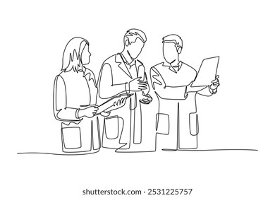 Continuous one line drawing group of doctor diagnosing patient illness while discussing his x-ray photo result. Medical health care service concept. Single line draw design vector graphic illustration