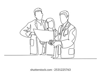 Continuous one line drawing group of team doctor discussing and diagnosing patient x-ray photo result at hospital. Medical health care services concept. Single line design vector graphic illustration