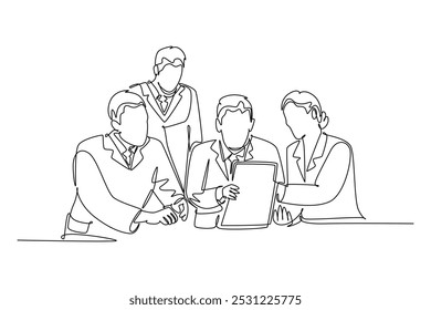 Continuous one line drawing group of male and female doctors discussing and diagnosing patient disease at hospital room. Medical meeting teamwork. Single line draw design vector graphic illustration