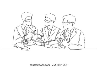 Continuous one line drawing of group of scientists discussing lab result, experiments and research in scientific laboratory concept, single line art