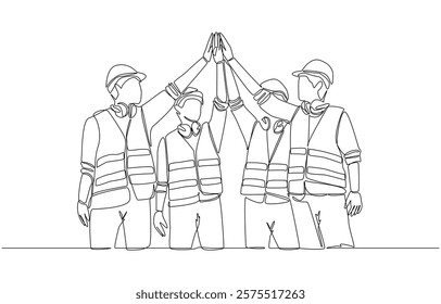 Continuous one line drawing of group of foreman and construction workers making high five gesture together, construction team meeting concept, single line art.