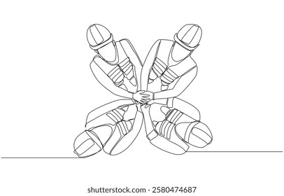 Continuous one line drawing of group of building builders putting hands together, building construction team concept, single line art