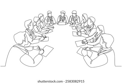 Continuous one line drawing of group of doctors discussing patient cases in conference room, medical professionals meeting concept, single line art