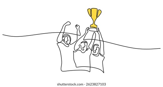 Continuous One Line Drawing Group Holding Trophy. Colaboração em equipe sucesso realização minimalista vetor arte ilustração.