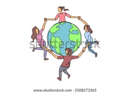 Continuous one line drawing a group of women make a circle around the globe. Be happy and cheerful in keeping nature in good condition. Protect the world. Single line draw design vector illustration