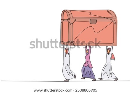 Continuous one line drawing group of Arab businessmen and Arab businesswomen work together carrying treasure chest. Multiple profits that are worth getting. Single line draw design vector illustration
