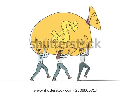 Continuous one line drawing a group of businessmen and businesswomen work together to carrying money bag. Big profits are shared equally. Fair. Encourager. Single line draw design vector illustration