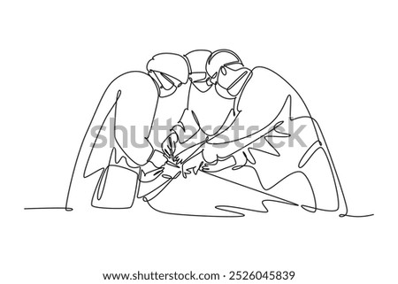 Continuous one line drawing group of team surgeon doctor doing surgery to the critical patient at surgical operation room. Medical surgery concept. Single line draw design vector graphic illustration