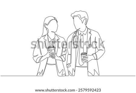Continuous one line drawing of group of male and female doctors talking together while holding cup of coffee, medical team and coffee break concept, single line art