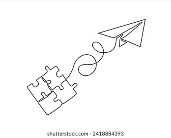 Dibujo continuo de una línea de un rompecabezas de una pieza de grupo y un plano de papel sobre un fondo blanco. Símbolo de juego de rompecabezas y metáfora icónica del negocio para la solución, solución y estrategia de problemas.
