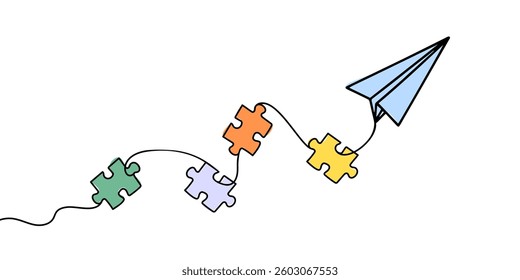 Continuous one line drawing of a groupe piece jigsaw and paper plane on a white background. Puzzle game symbol and iconic business metaphor for problem solving, solution and strategy.