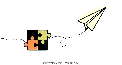 Continuous one line drawing of a groupe piece jigsaw and paper plane on a white background. Puzzle game symbol and iconic business metaphor for problem solving, solution and strategy.