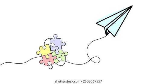 Continuous one line drawing of a groupe piece jigsaw and paper plane on a white background. Puzzle game symbol and iconic business metaphor for problem solving, solution and strategy.