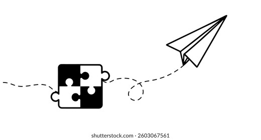Continuous one line drawing of a groupe piece jigsaw and paper plane on a white background. Puzzle game symbol and iconic business metaphor for problem solving, solution and strategy.