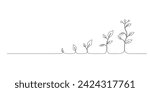 Continuous one line drawing growing plant. Seeds sprout in ground. Seedling gardening plants, sprouts. Single line draw vector graphic illustration