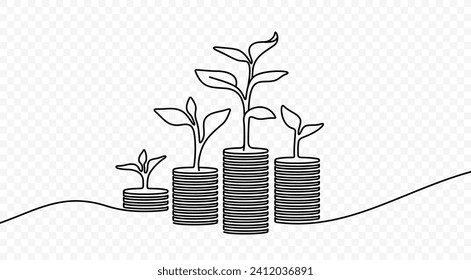 Continuous one line drawing of growing money vector design. Single line art illustration money and plant on transparent background